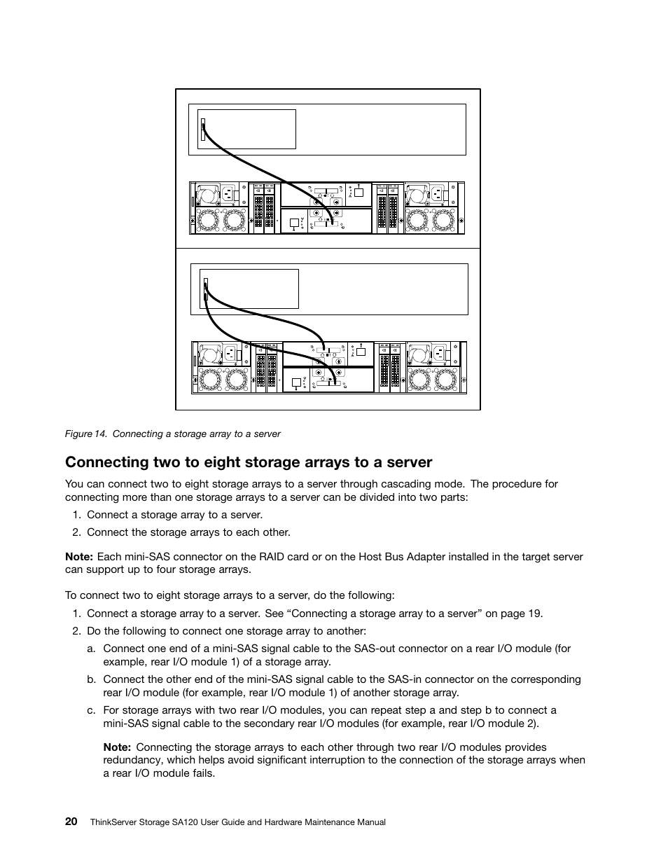 Connecting two to eight storage arrays to a server | Lenovo ThinkServer Storage SA120 User Manual | Page 32 / 96
