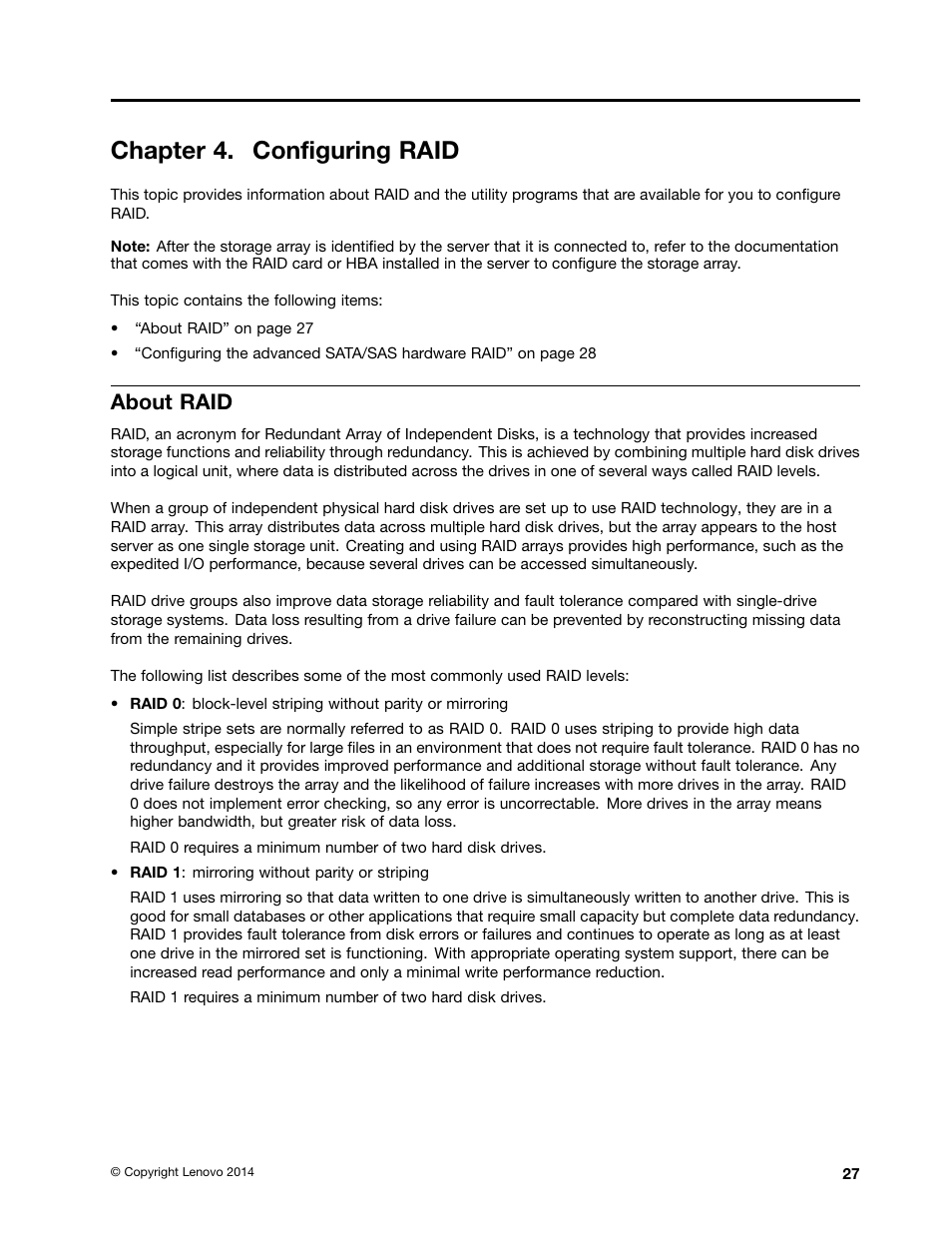 Chapter 4. configuring raid, About raid | Lenovo ThinkServer Storage SA120 User Manual | Page 39 / 96