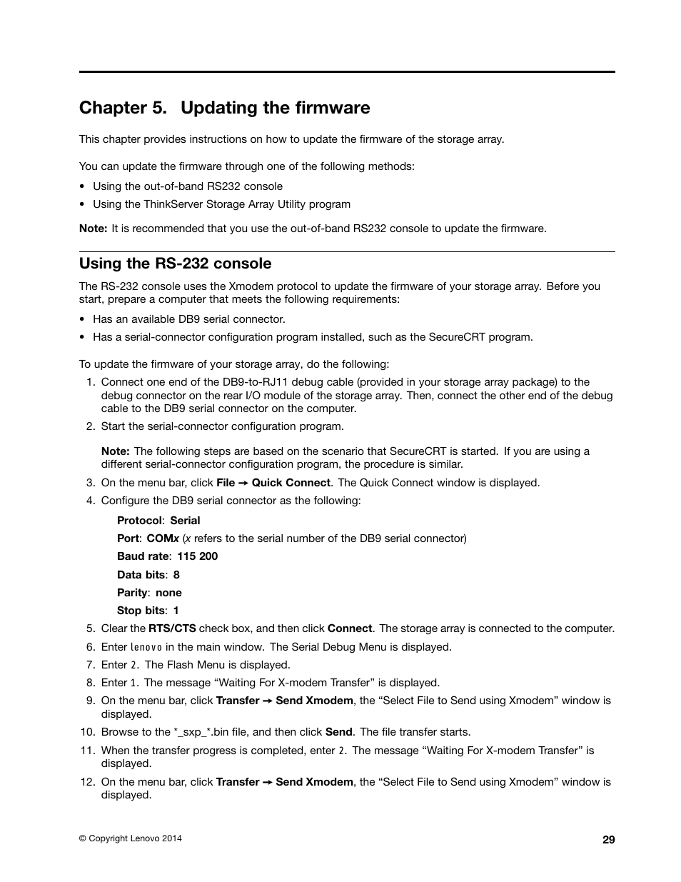 Chapter 5. updating the firmware, Using the rs-232 console | Lenovo ThinkServer Storage SA120 User Manual | Page 41 / 96