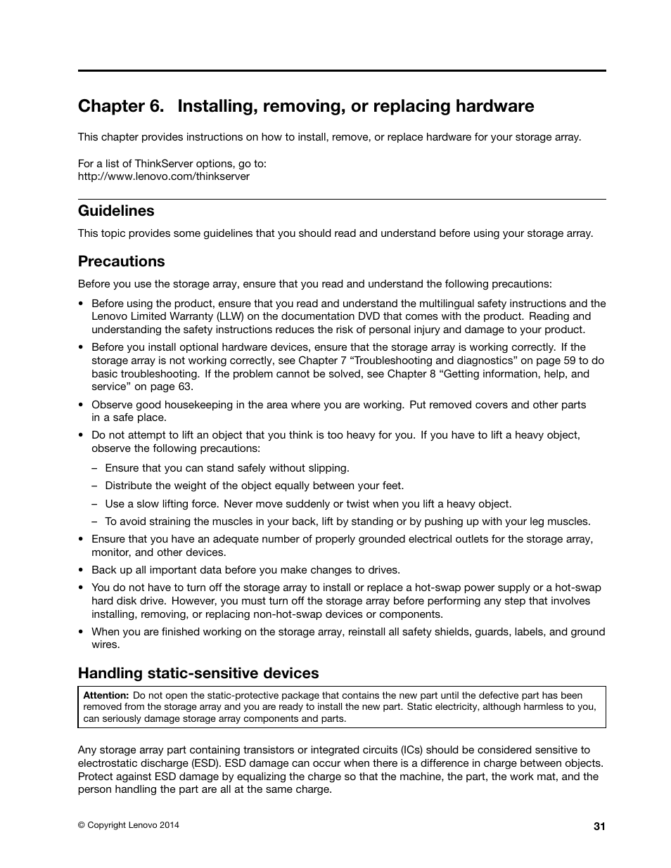 Guidelines, Precautions, Handling static-sensitive devices | Lenovo ThinkServer Storage SA120 User Manual | Page 43 / 96
