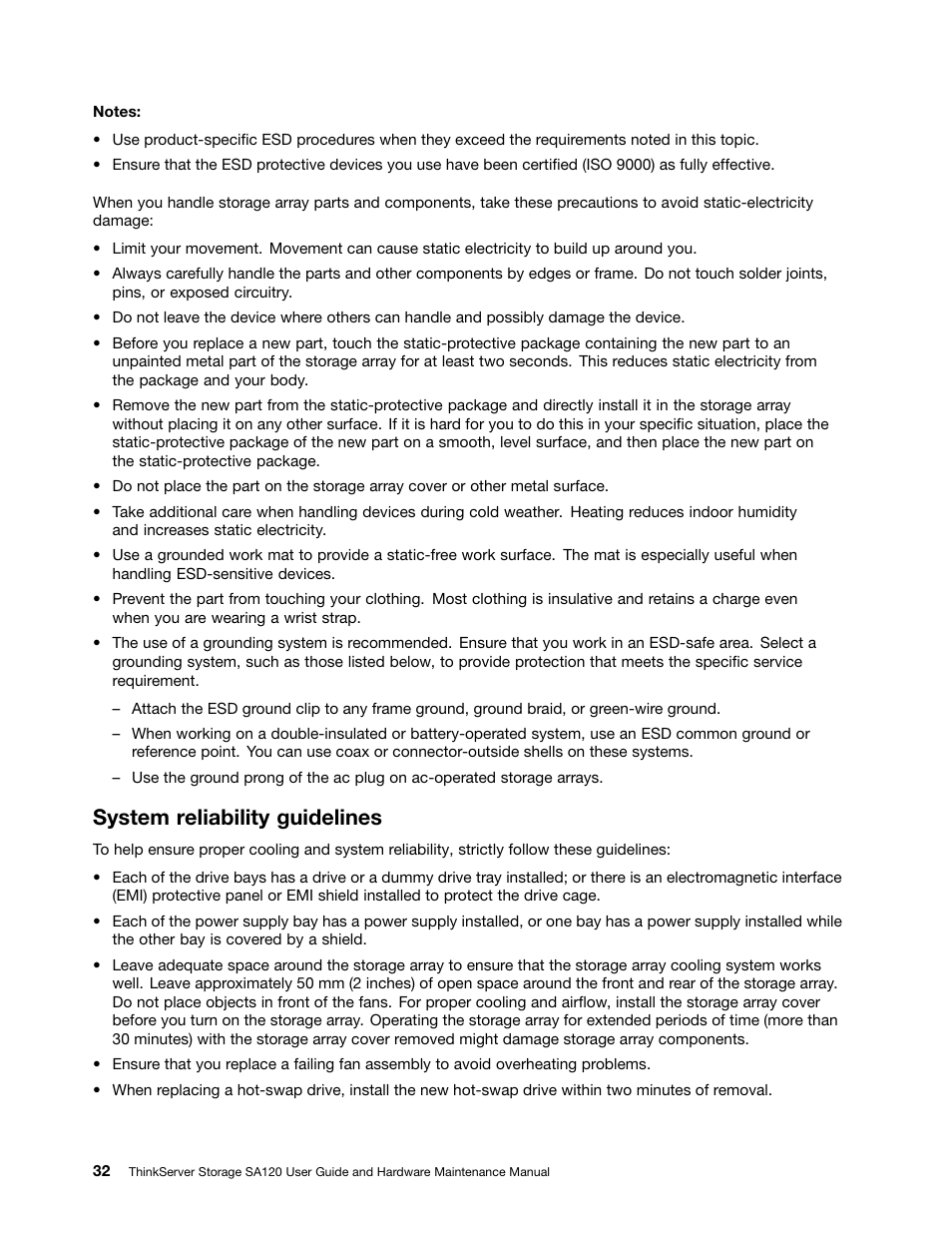 System reliability guidelines | Lenovo ThinkServer Storage SA120 User Manual | Page 44 / 96