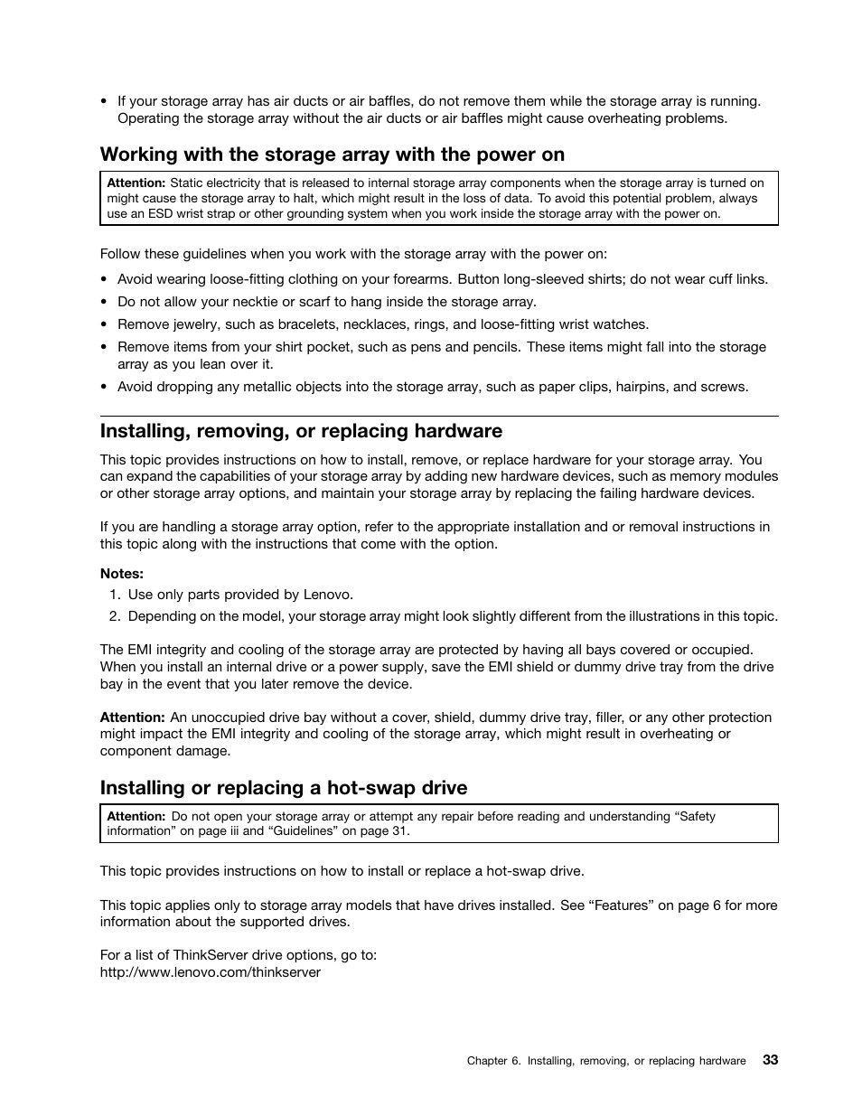 Working with the storage array with the power on, Installing, removing, or replacing hardware, Installing or replacing a hot-swap drive | Lenovo ThinkServer Storage SA120 User Manual | Page 45 / 96