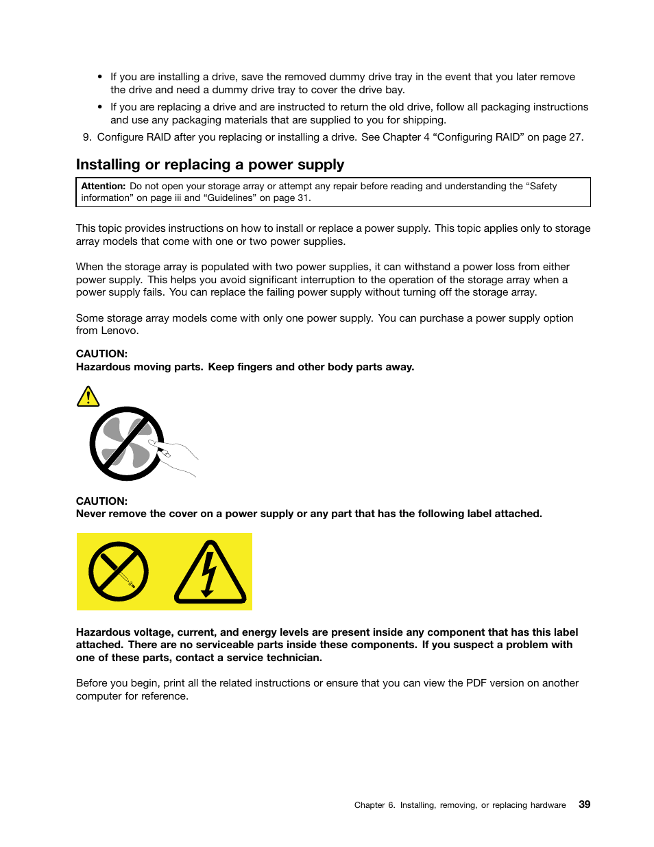 Installing or replacing a power supply | Lenovo ThinkServer Storage SA120 User Manual | Page 51 / 96