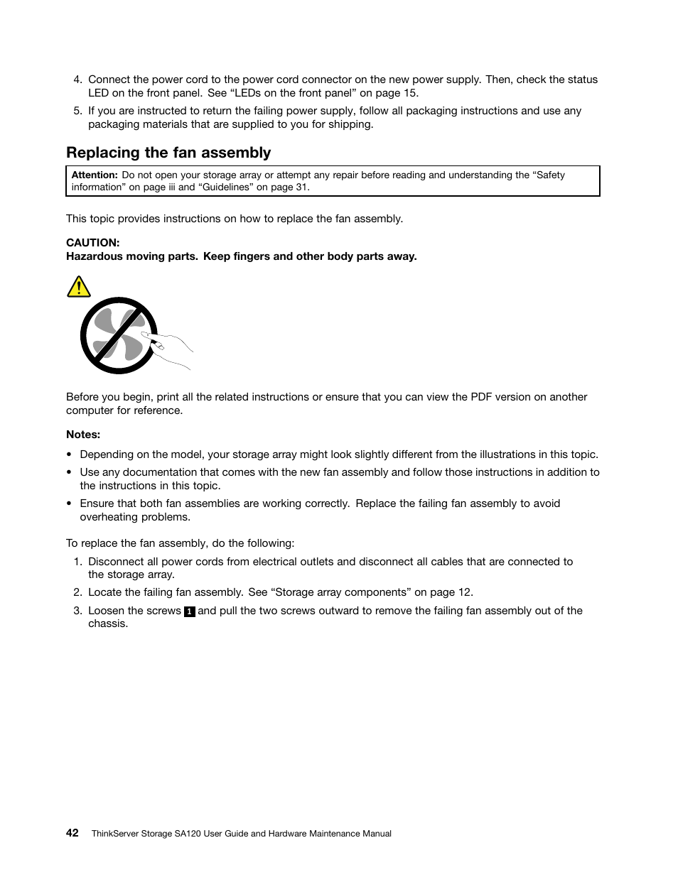 Replacing the fan assembly | Lenovo ThinkServer Storage SA120 User Manual | Page 54 / 96
