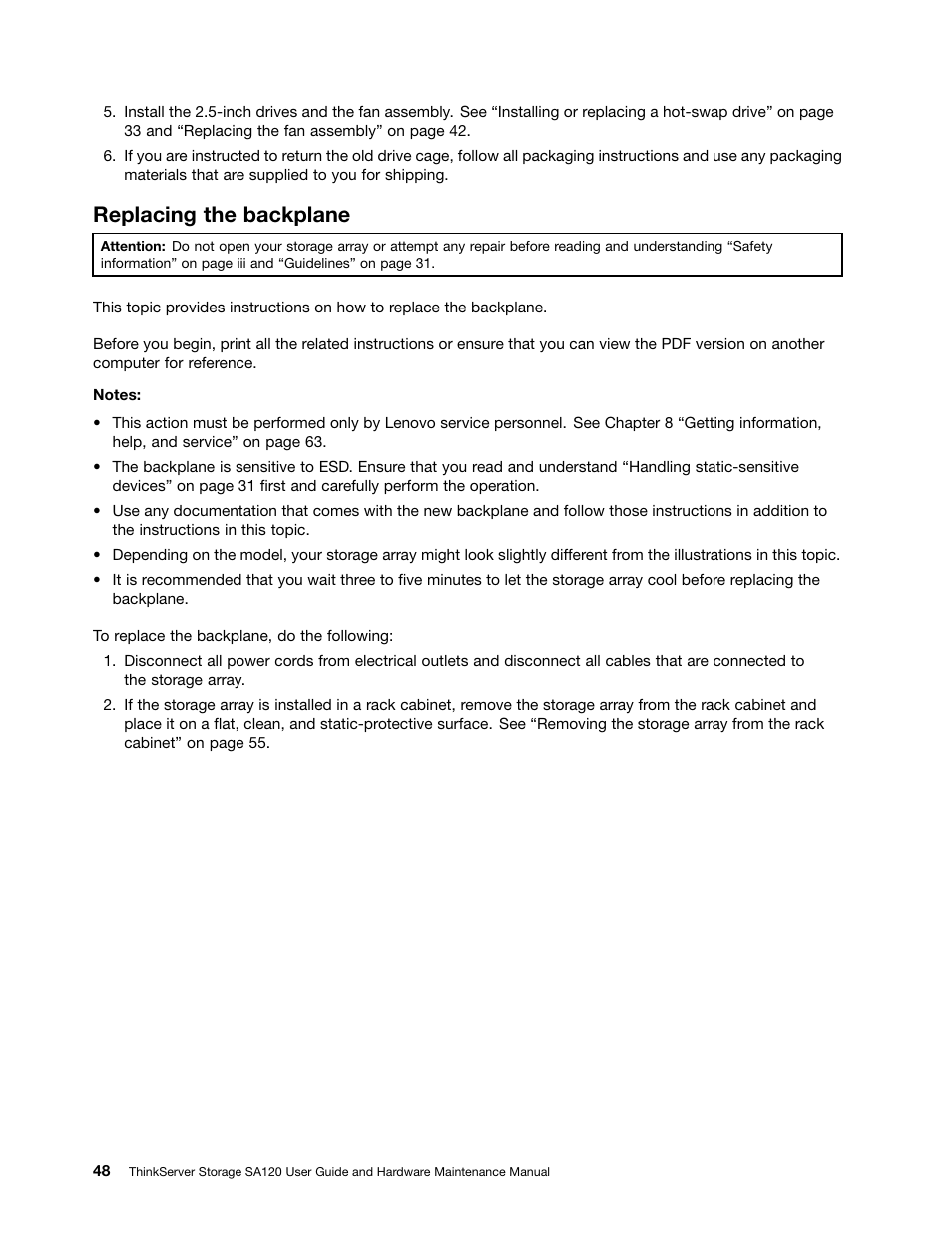 Replacing the backplane | Lenovo ThinkServer Storage SA120 User Manual | Page 60 / 96