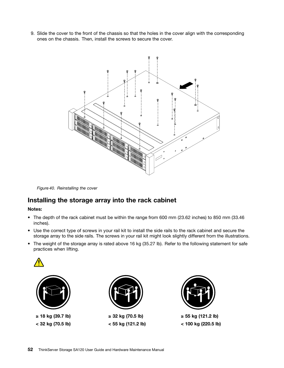 Installing the storage array into the rack cabinet | Lenovo ThinkServer Storage SA120 User Manual | Page 64 / 96