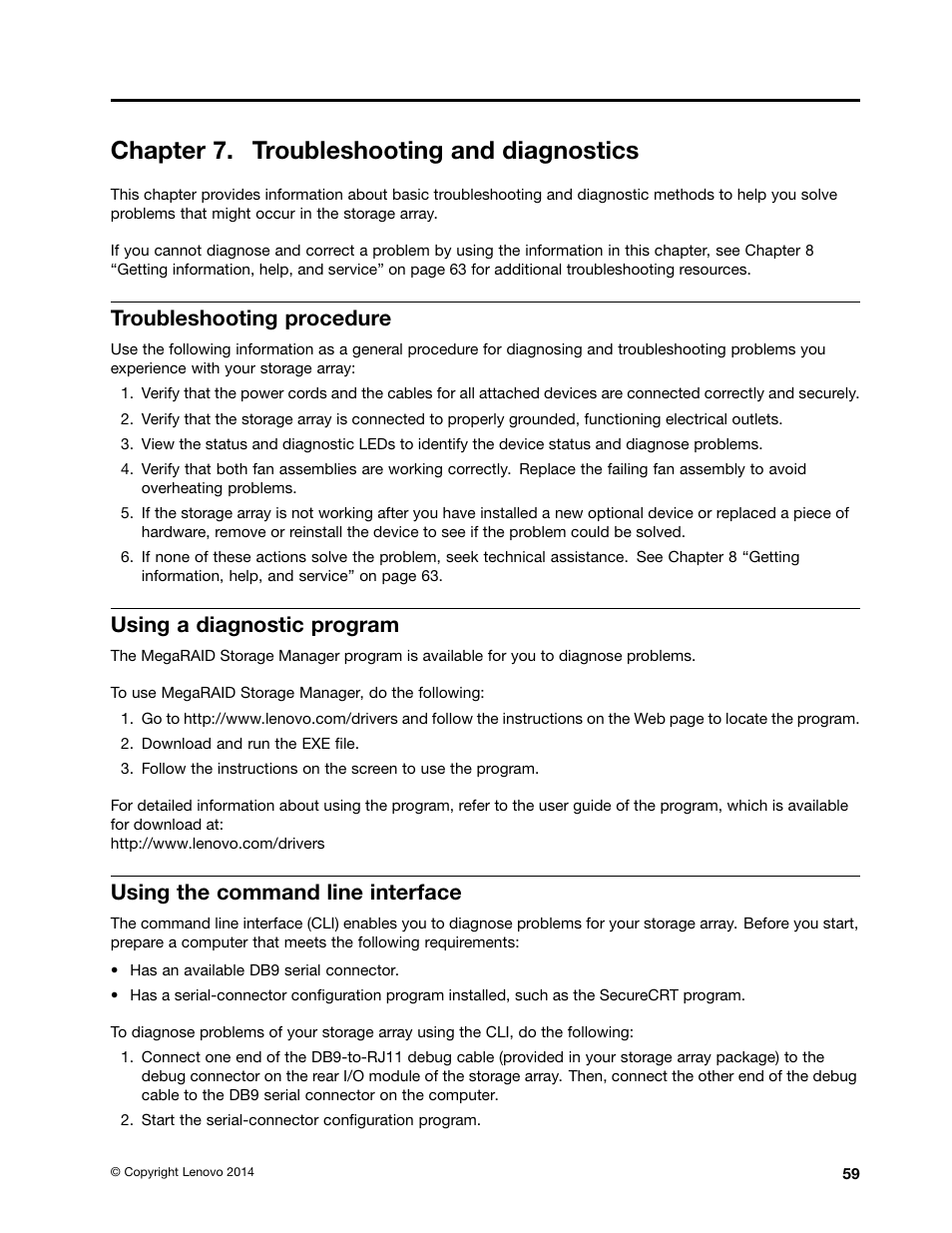 Chapter 7. troubleshooting and diagnostics, Troubleshooting procedure, Using a diagnostic program | Using the command line interface | Lenovo ThinkServer Storage SA120 User Manual | Page 71 / 96