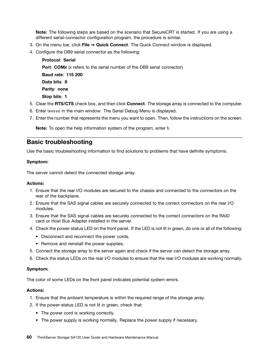 Basic troubleshooting | Lenovo ThinkServer Storage SA120 User Manual | Page 72 / 96