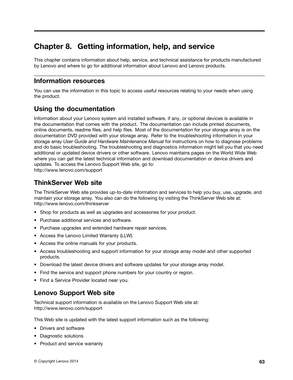 Chapter 8. getting information, help, and service, Information resources, Using the documentation | Thinkserver web site, Lenovo support web site, Chapter 8 “getting information, Chapter 8 “getting | Lenovo ThinkServer Storage SA120 User Manual | Page 75 / 96