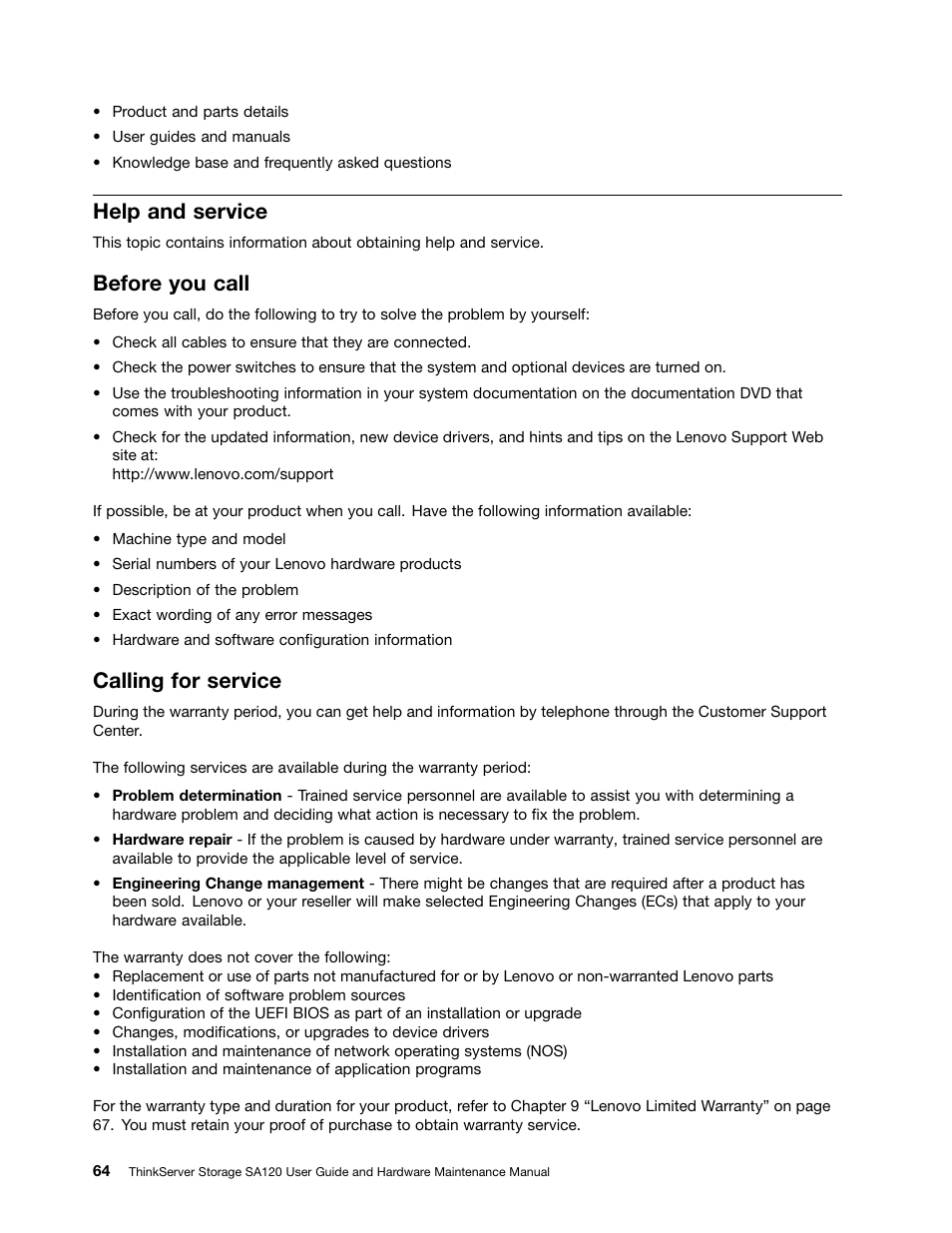 Help and service, Before you call, Calling for service | Lenovo ThinkServer Storage SA120 User Manual | Page 76 / 96