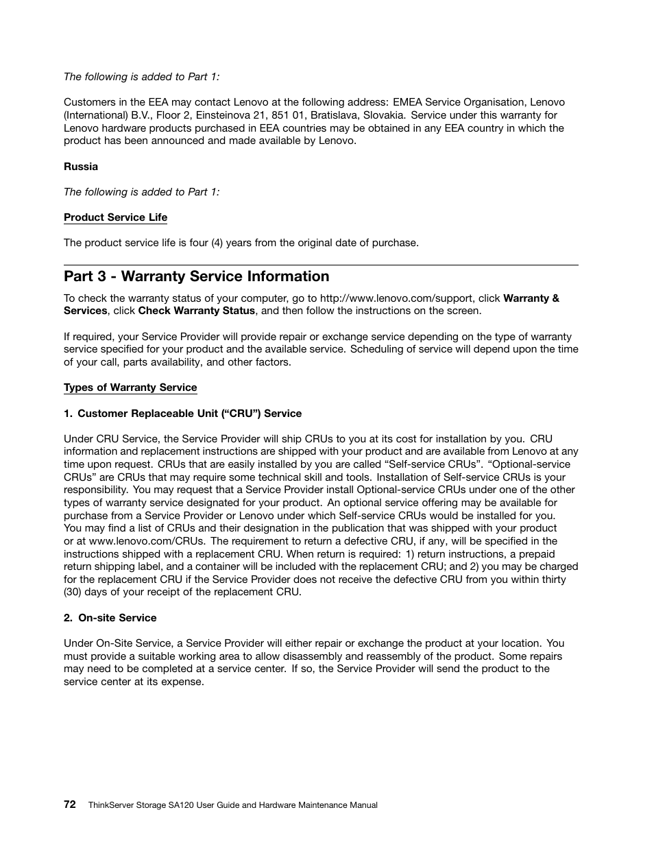 Part 3 - warranty service information | Lenovo ThinkServer Storage SA120 User Manual | Page 84 / 96