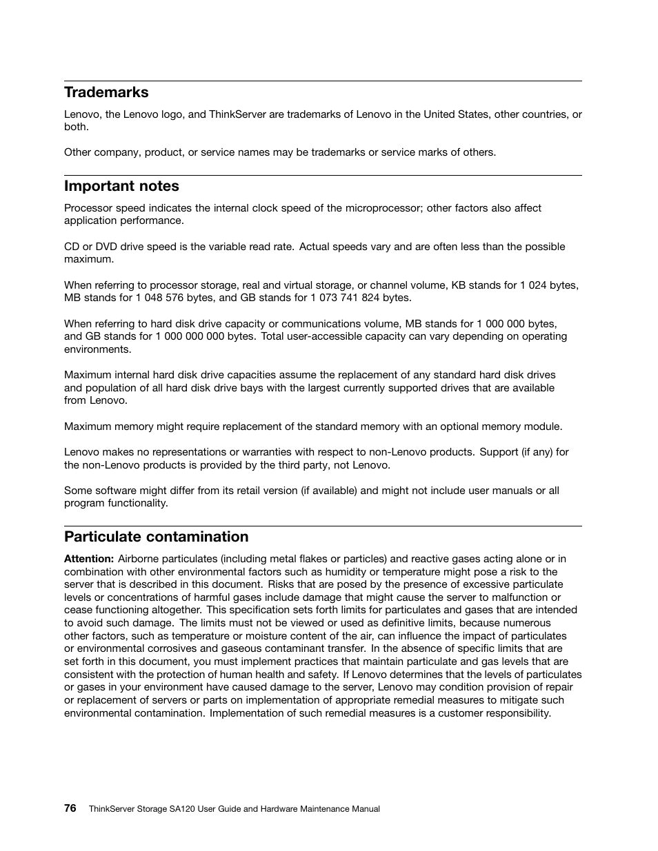 Trademarks, Important notes, Particulate contamination | Lenovo ThinkServer Storage SA120 User Manual | Page 88 / 96