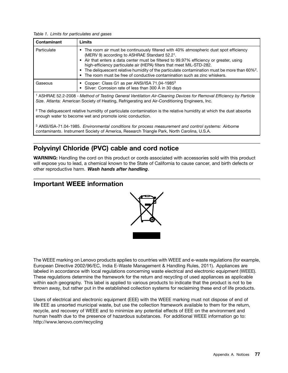 Polyvinyl chloride (pvc) cable and cord notice, Important weee information | Lenovo ThinkServer Storage SA120 User Manual | Page 89 / 96