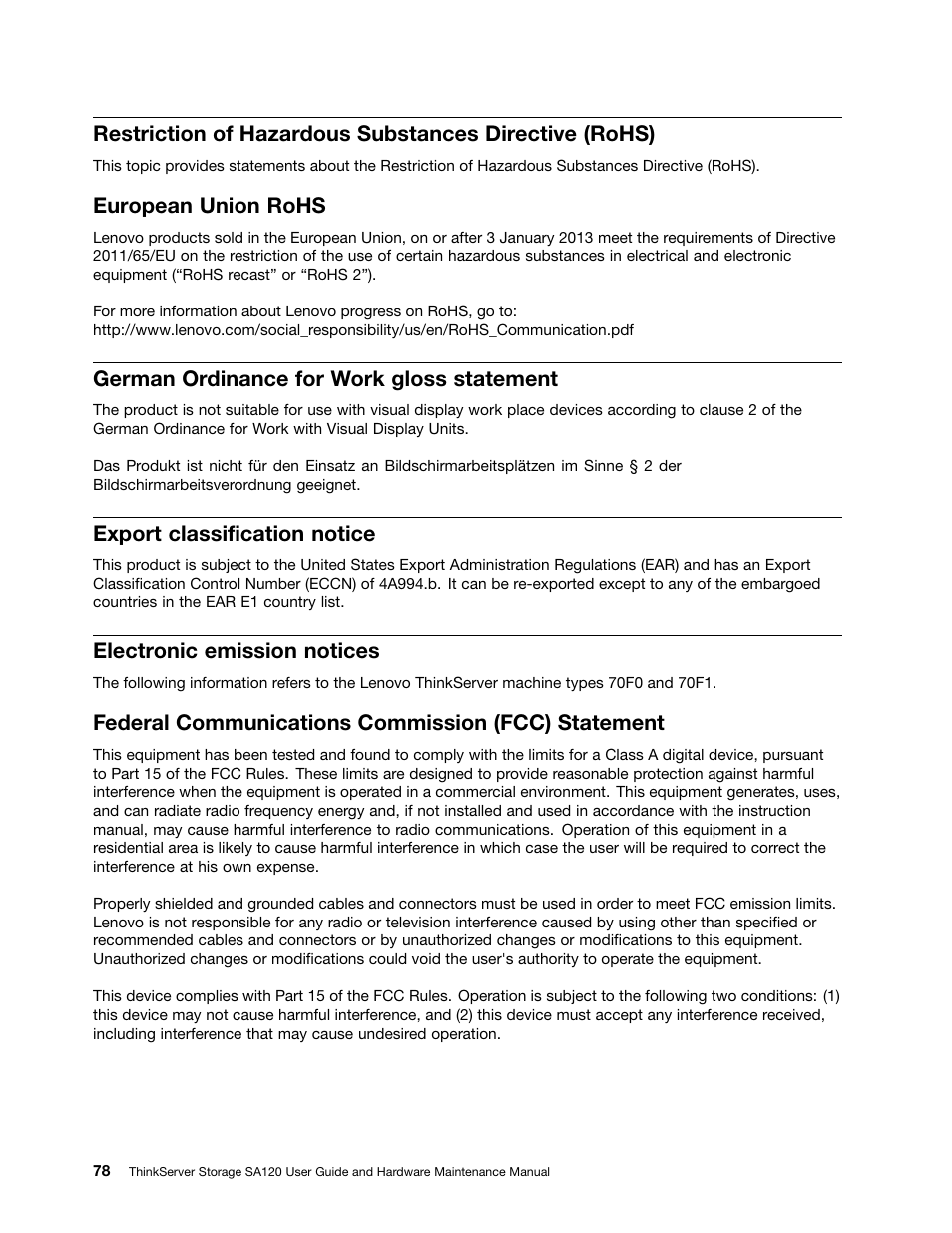 European union rohs, German ordinance for work gloss statement, Export classification notice | Electronic emission notices, Federal communications commission (fcc) statement | Lenovo ThinkServer Storage SA120 User Manual | Page 90 / 96