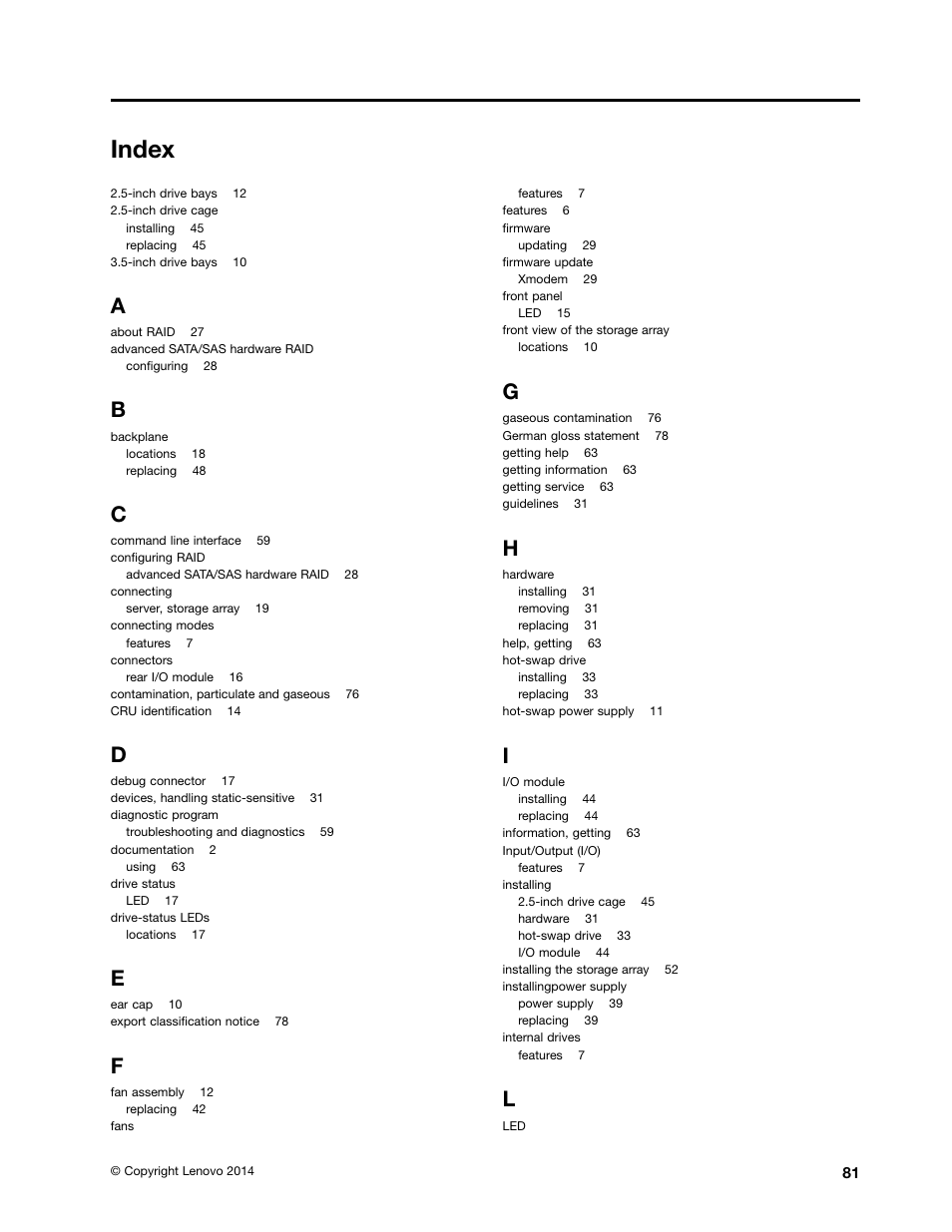 Index | Lenovo ThinkServer Storage SA120 User Manual | Page 93 / 96