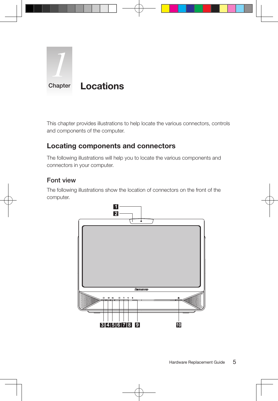Locations, Locating components and connectors, Font view | Lenovo IdeaCentre B310 User Manual | Page 8 / 25
