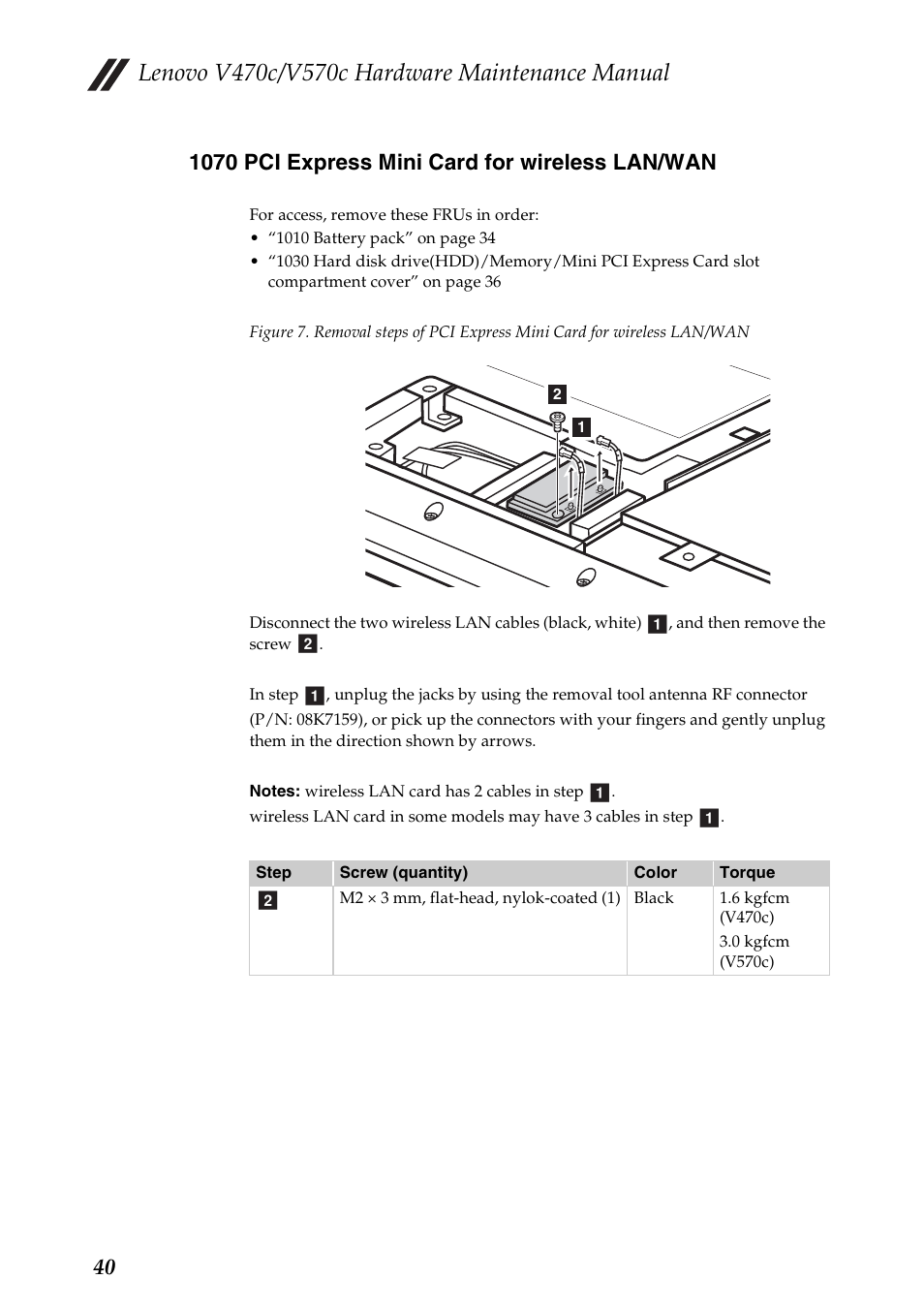 1070 pci express mini card for wireless lan/wan | Lenovo V470c Notebook User Manual | Page 44 / 95