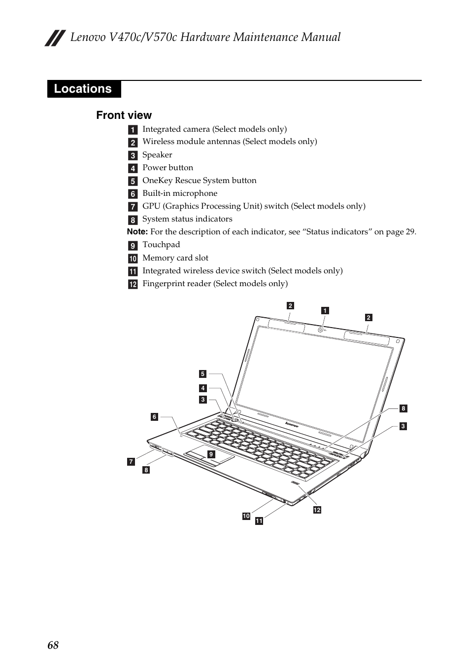 Locations, Front view, 68 front view | Lenovo V470c Notebook User Manual | Page 72 / 95