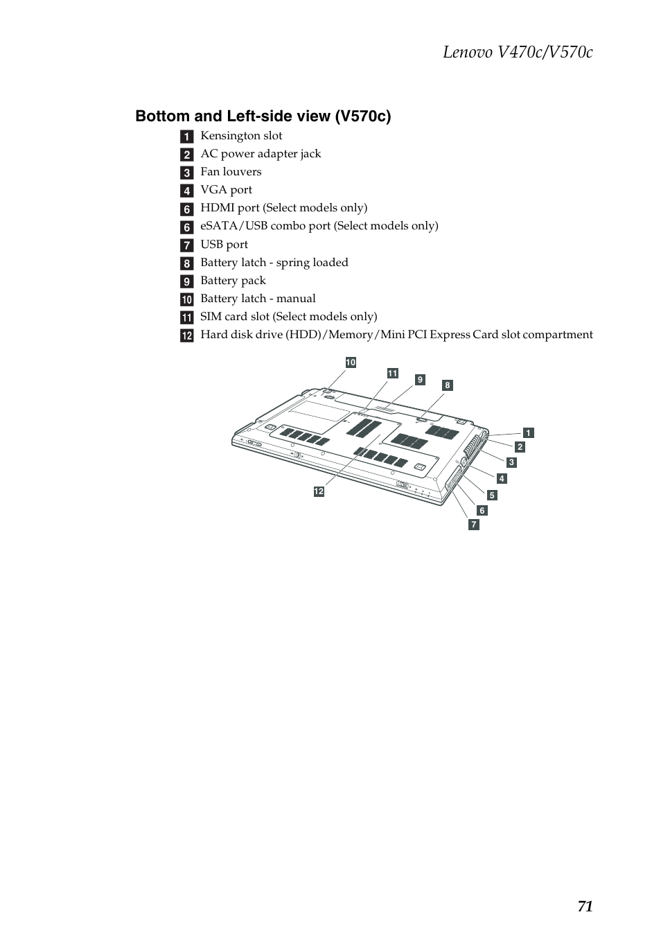 Bottom and left-side view (v570c) | Lenovo V470c Notebook User Manual | Page 75 / 95