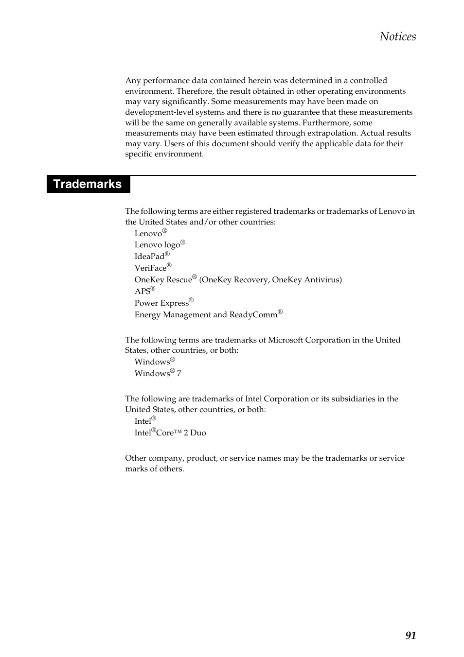 Trademarks, Notices | Lenovo V470c Notebook User Manual | Page 95 / 95