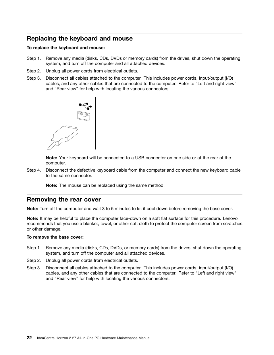 Replacing the keyboard and mouse, Removing the rear cover | Lenovo Horizon 2 27 Table PC IdeaCentre User Manual | Page 28 / 49