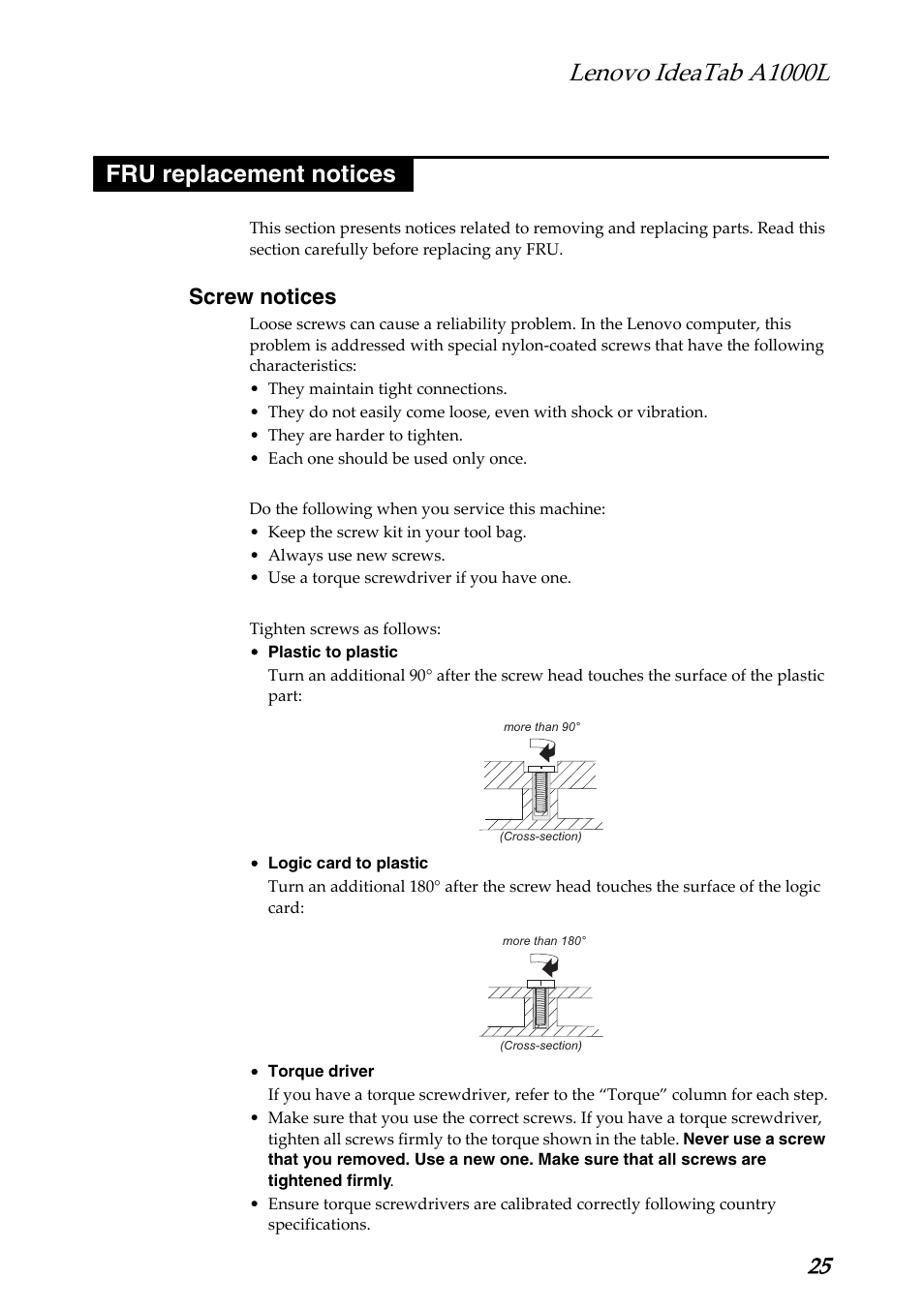 Fru replacement notices, Screw notices, Lenovo ideatab a1000l | Lenovo A1000L Tablet User Manual | Page 29 / 54