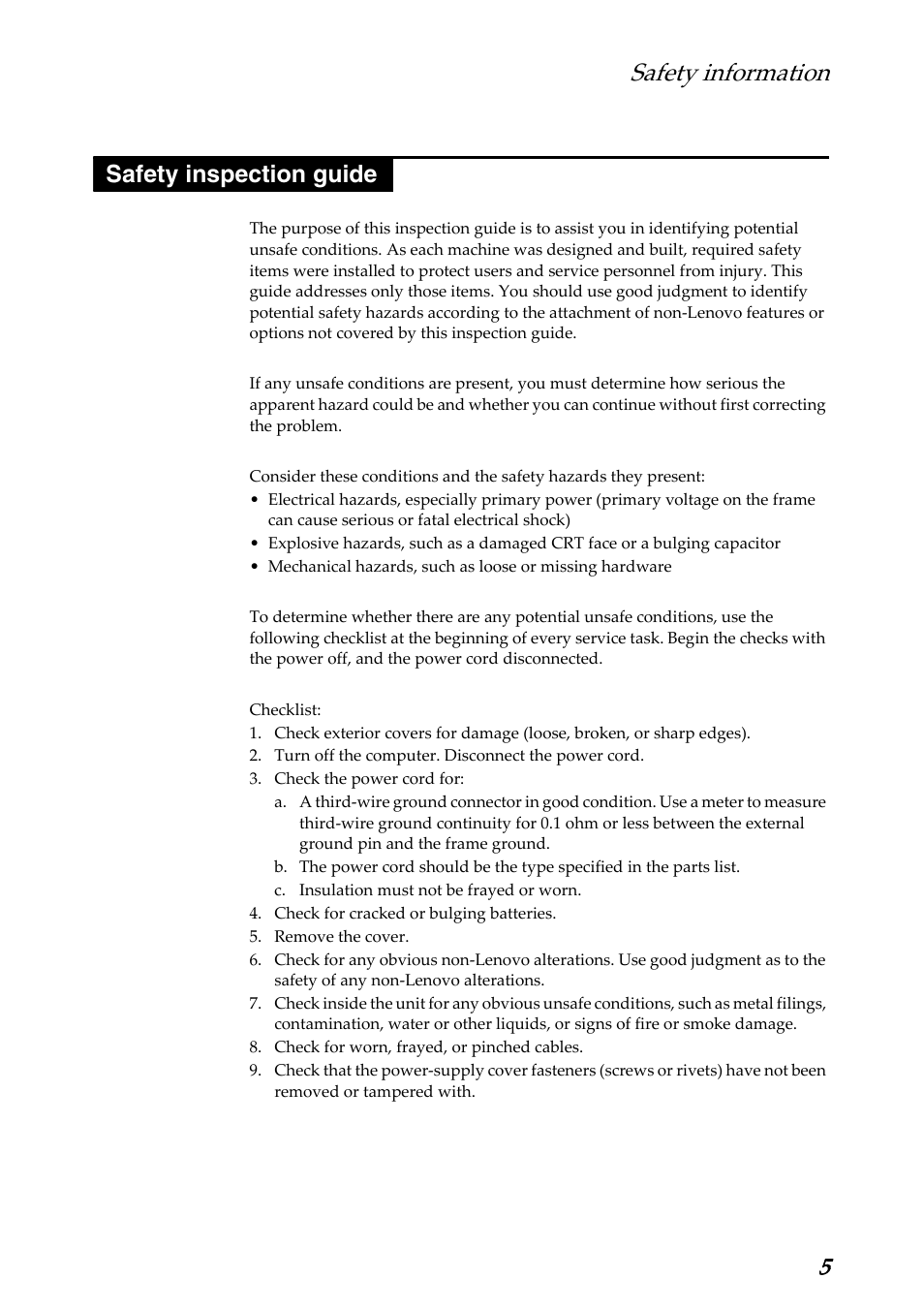 Safety inspection guide, Safety information | Lenovo A1000L Tablet User Manual | Page 9 / 54