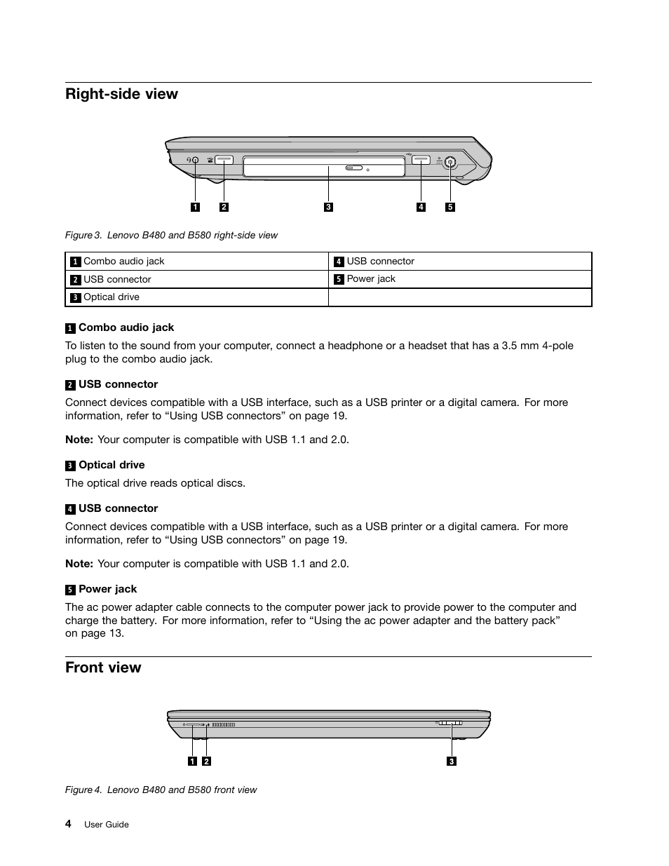 Right-side view, Front view | Lenovo B480 Notebook User Manual | Page 18 / 86