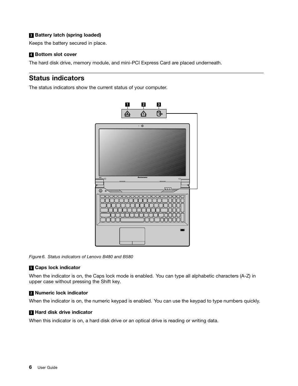 Status indicators | Lenovo B480 Notebook User Manual | Page 20 / 86