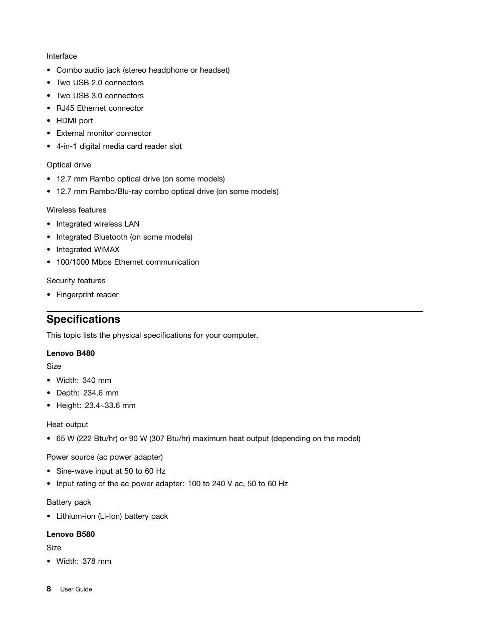 Specifications | Lenovo B480 Notebook User Manual | Page 22 / 86