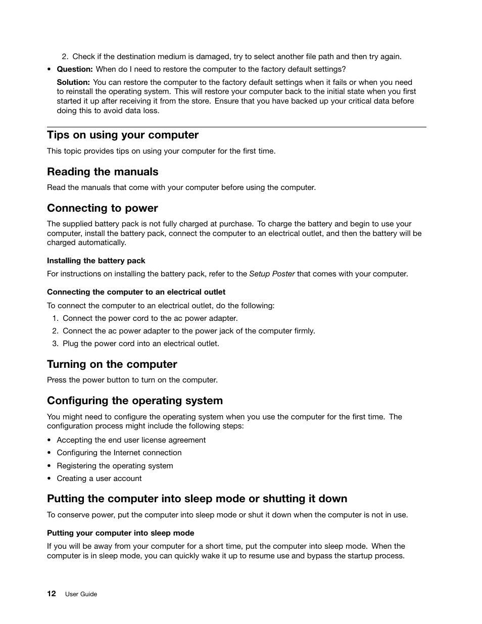 Tips on using your computer, Reading the manuals, Connecting to power | Turning on the computer, Configuring the operating system | Lenovo B480 Notebook User Manual | Page 26 / 86