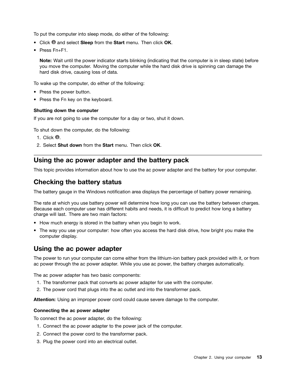 Using the ac power adapter and the battery pack, Checking the battery status, Using the ac power adapter | Lenovo B480 Notebook User Manual | Page 27 / 86