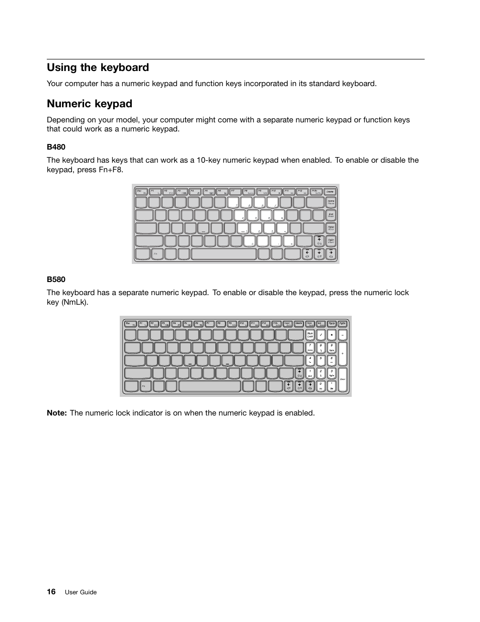 Using the keyboard, Numeric keypad | Lenovo B480 Notebook User Manual | Page 30 / 86