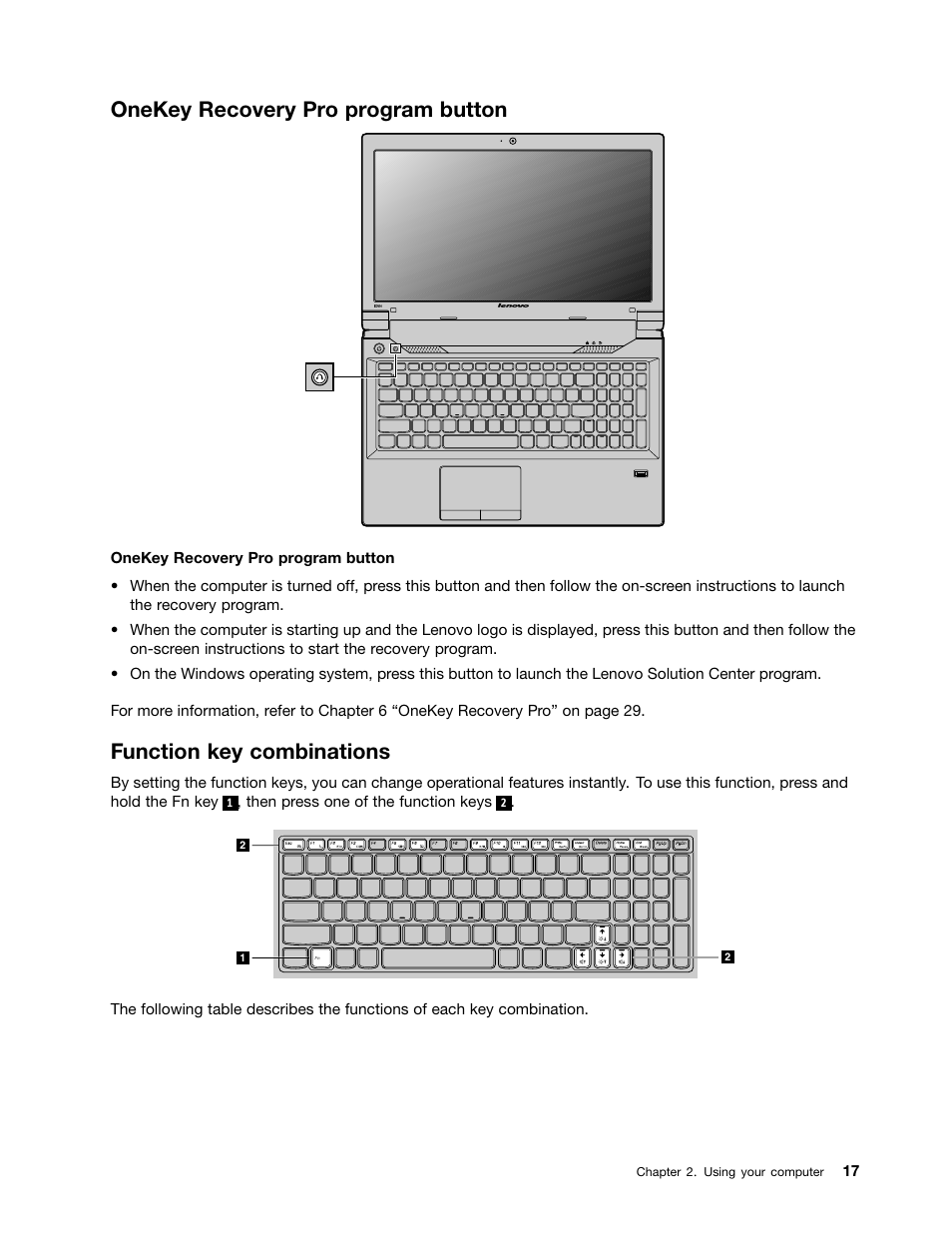 Onekey recovery pro program button, Function key combinations | Lenovo B480 Notebook User Manual | Page 31 / 86
