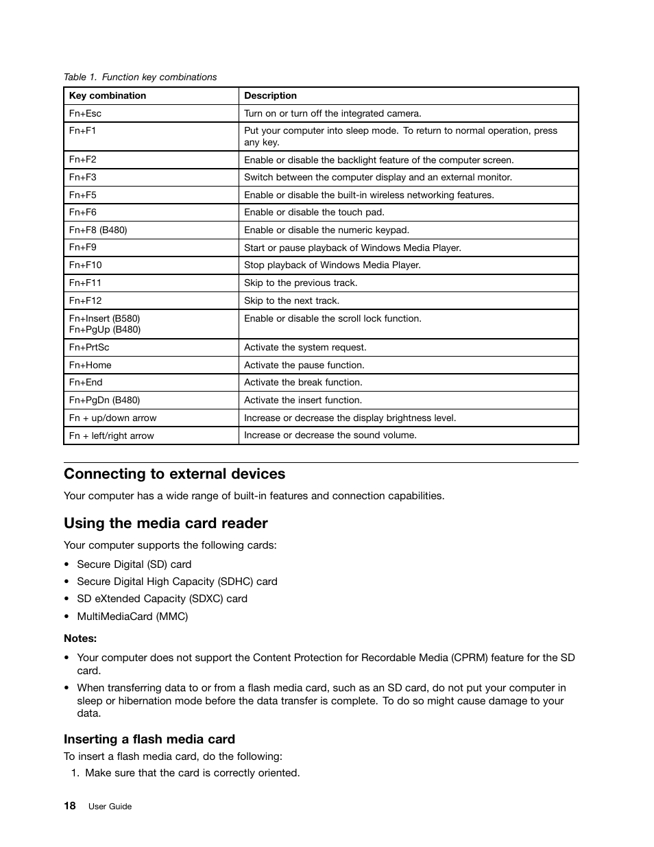 Connecting to external devices, Using the media card reader, Inserting a flash media card | Lenovo B480 Notebook User Manual | Page 32 / 86