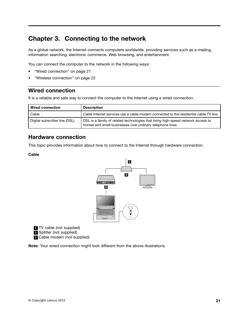 Chapter 3. connecting to the network, Wired connection, Hardware connection | Lenovo B480 Notebook User Manual | Page 35 / 86