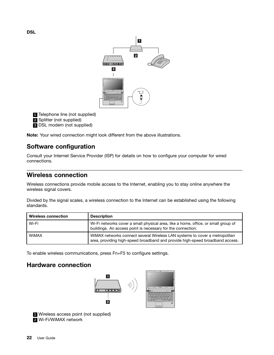 Software configuration, Wireless connection, Hardware connection | Lenovo B480 Notebook User Manual | Page 36 / 86