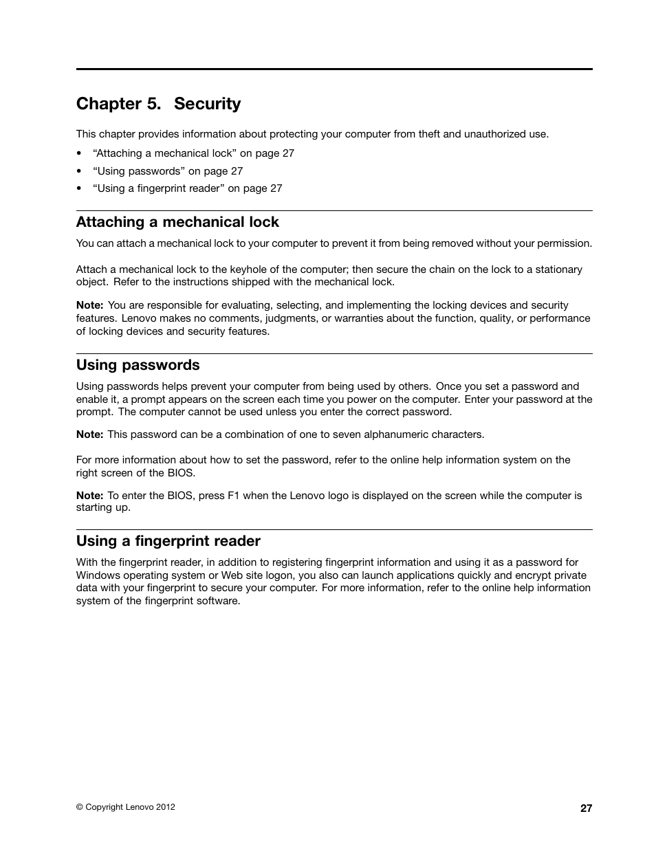 Chapter 5. security, Attaching a mechanical lock, Using passwords | Using a fingerprint reader | Lenovo B480 Notebook User Manual | Page 41 / 86