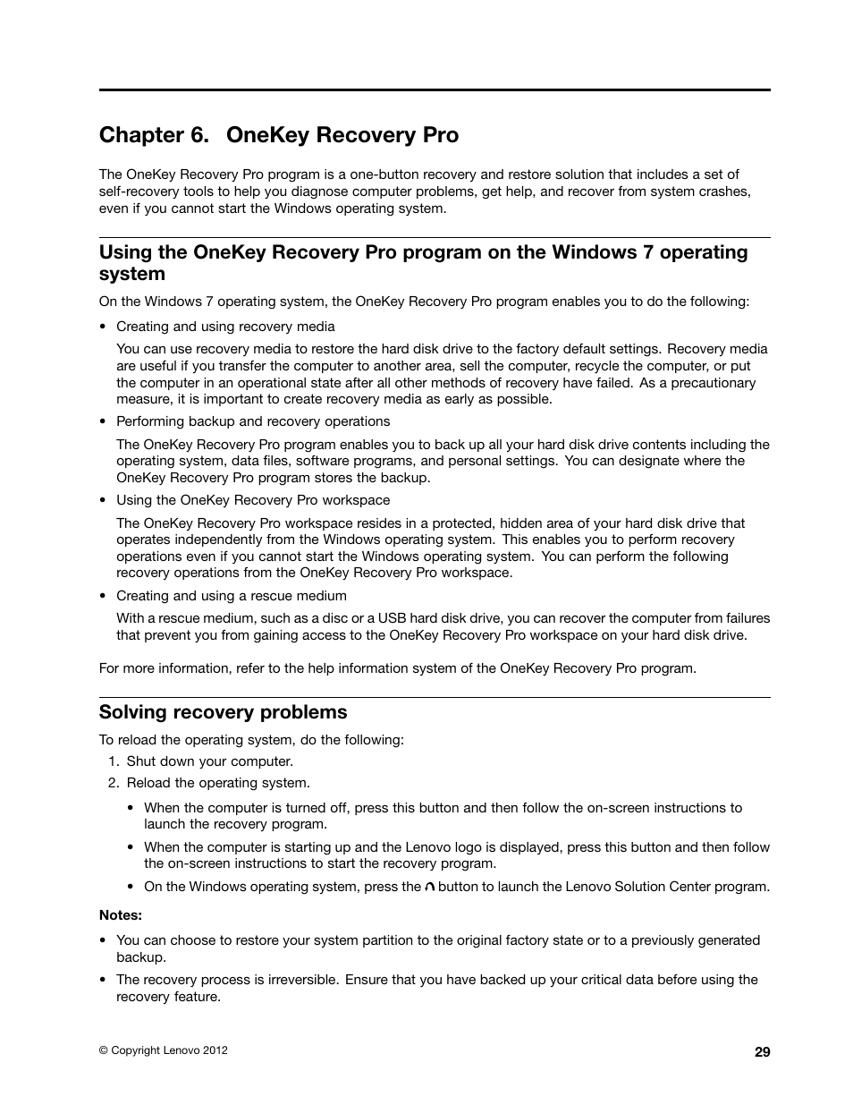 Chapter 6. onekey recovery pro, Solving recovery problems | Lenovo B480 Notebook User Manual | Page 43 / 86