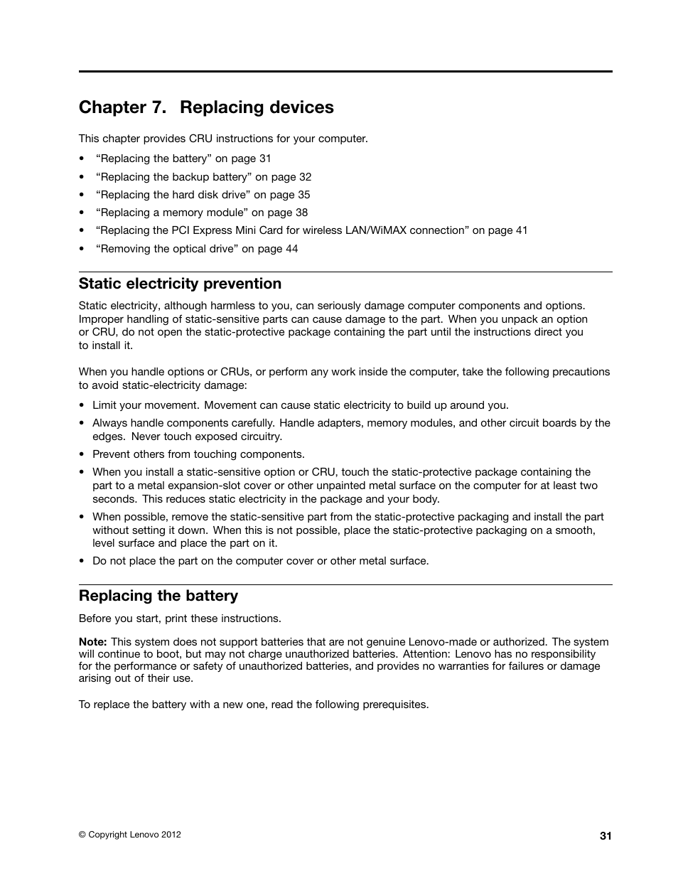 Chapter 7. replacing devices, Static electricity prevention, Replacing the battery | Lenovo B480 Notebook User Manual | Page 45 / 86