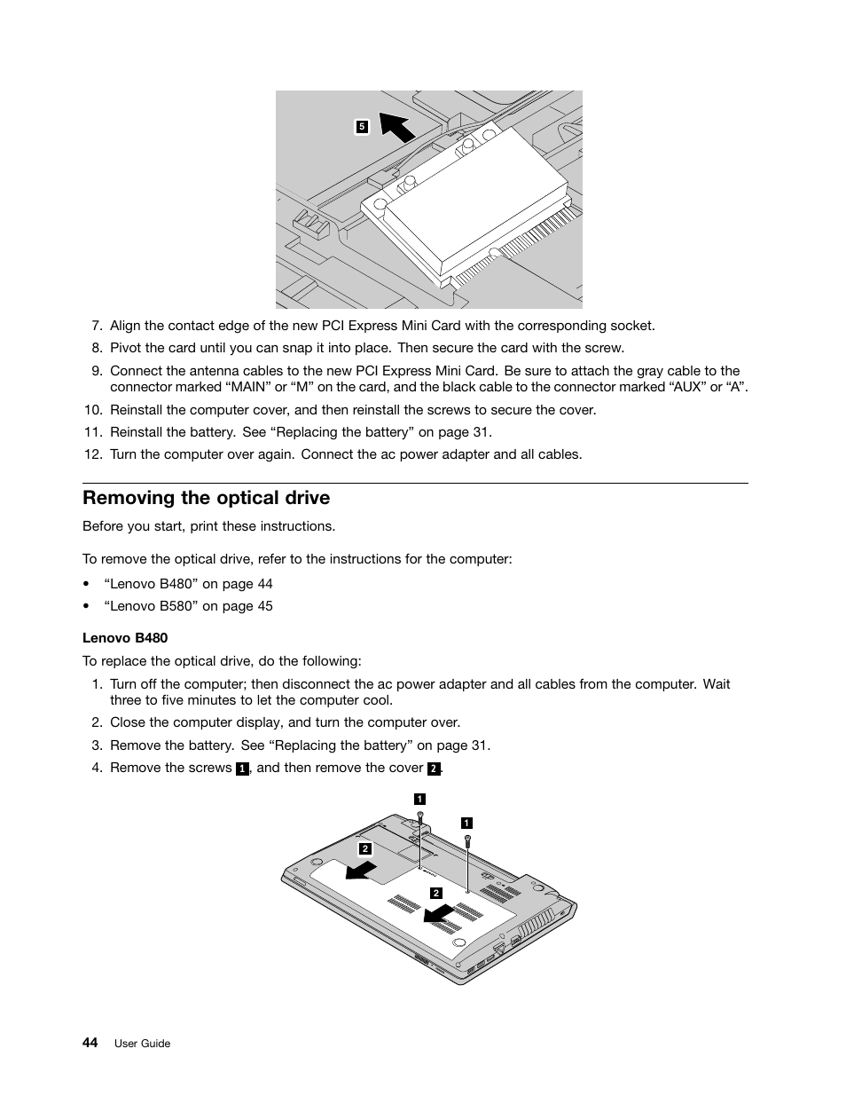 Removing the optical drive | Lenovo B480 Notebook User Manual | Page 58 / 86