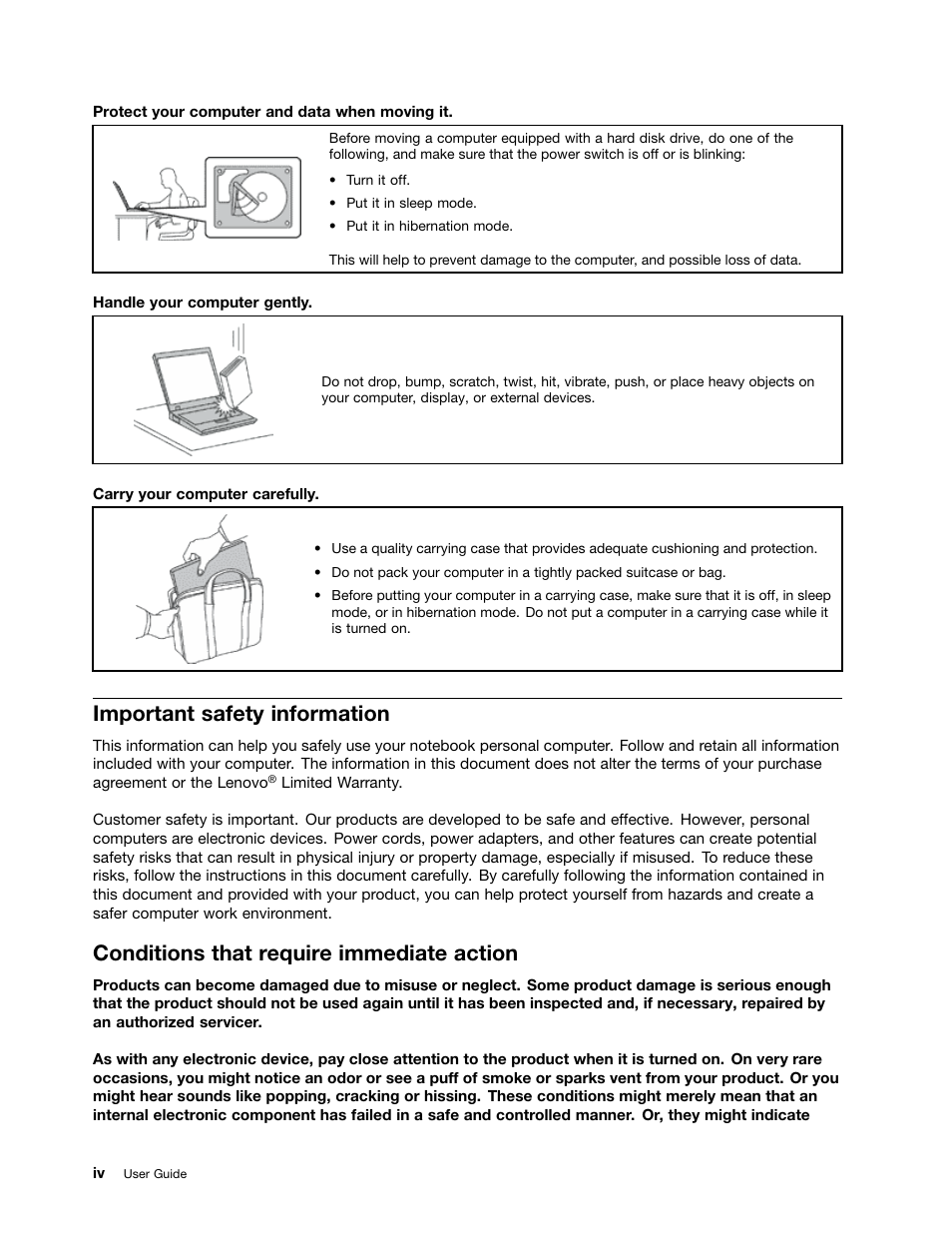 Important safety information, Conditions that require immediate action, Conditions that require immediate action . . . iv | Lenovo B480 Notebook User Manual | Page 6 / 86