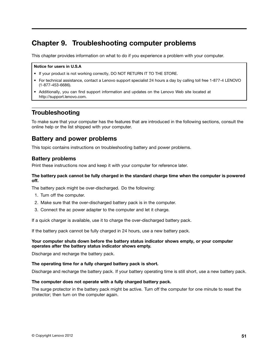 Chapter 9. troubleshooting computer problems, Troubleshooting, Battery and power problems | Lenovo B480 Notebook User Manual | Page 65 / 86