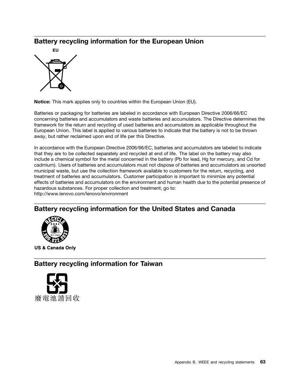 Battery recycling information for taiwan | Lenovo B480 Notebook User Manual | Page 77 / 86