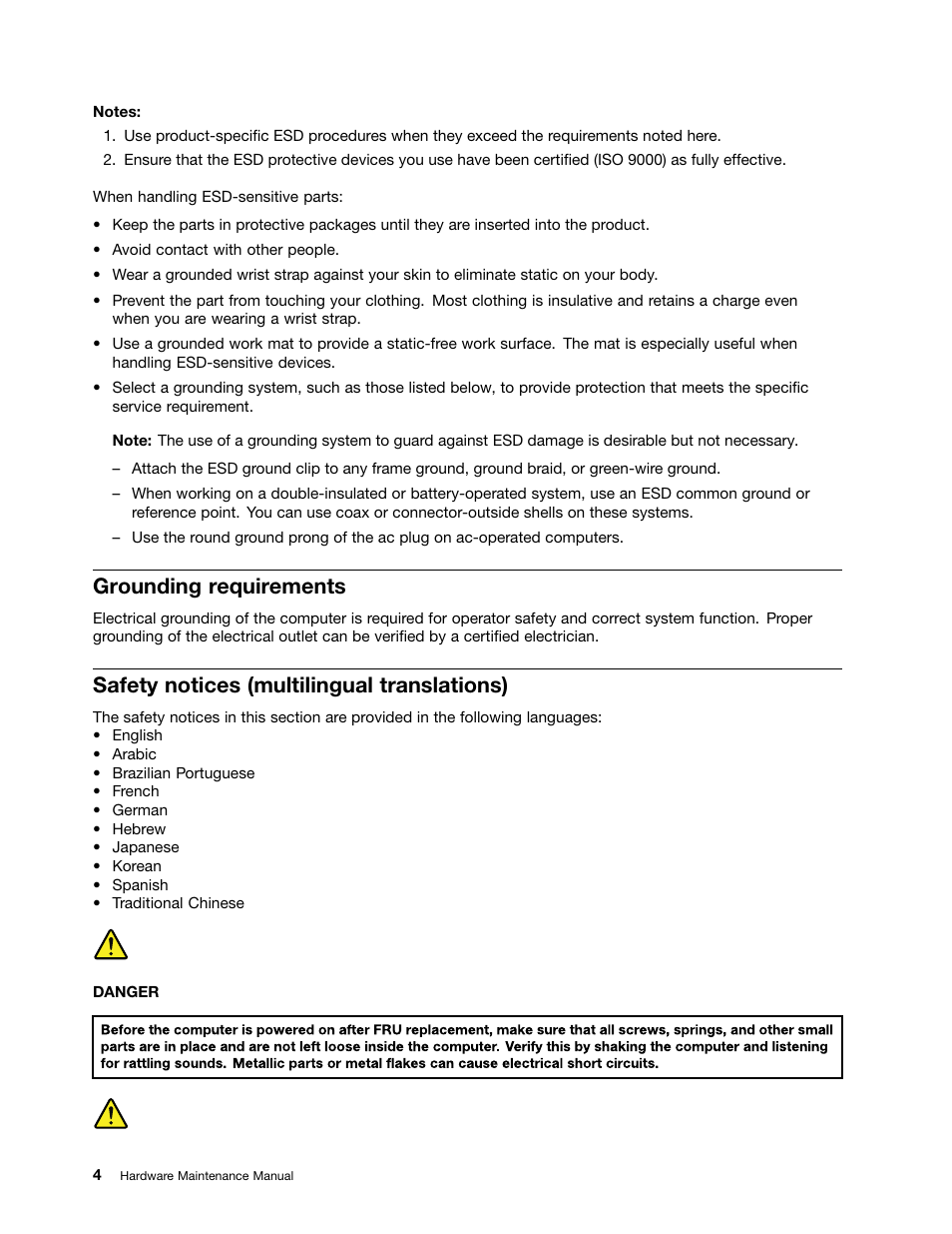 Grounding requirements, Safety notices (multilingual translations) | Lenovo ThinkPad E555 User Manual | Page 10 / 108