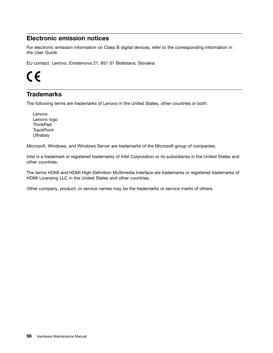 Electronic emission notices, Trademarks | Lenovo ThinkPad E555 User Manual | Page 104 / 108