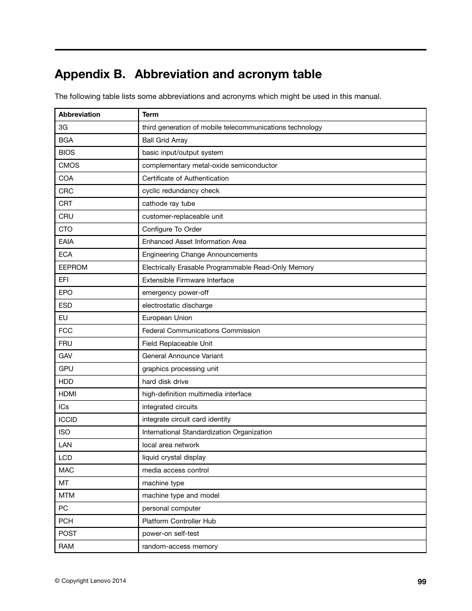 Appendix b. abbreviation and acronym table | Lenovo ThinkPad E555 User Manual | Page 105 / 108