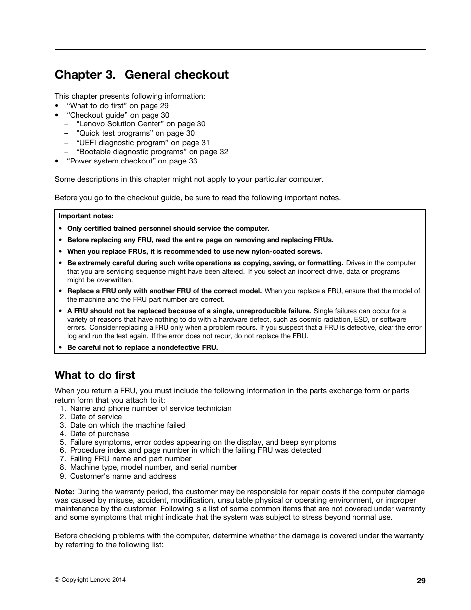 Chapter 3. general checkout, What to do first | Lenovo ThinkPad E555 User Manual | Page 35 / 108