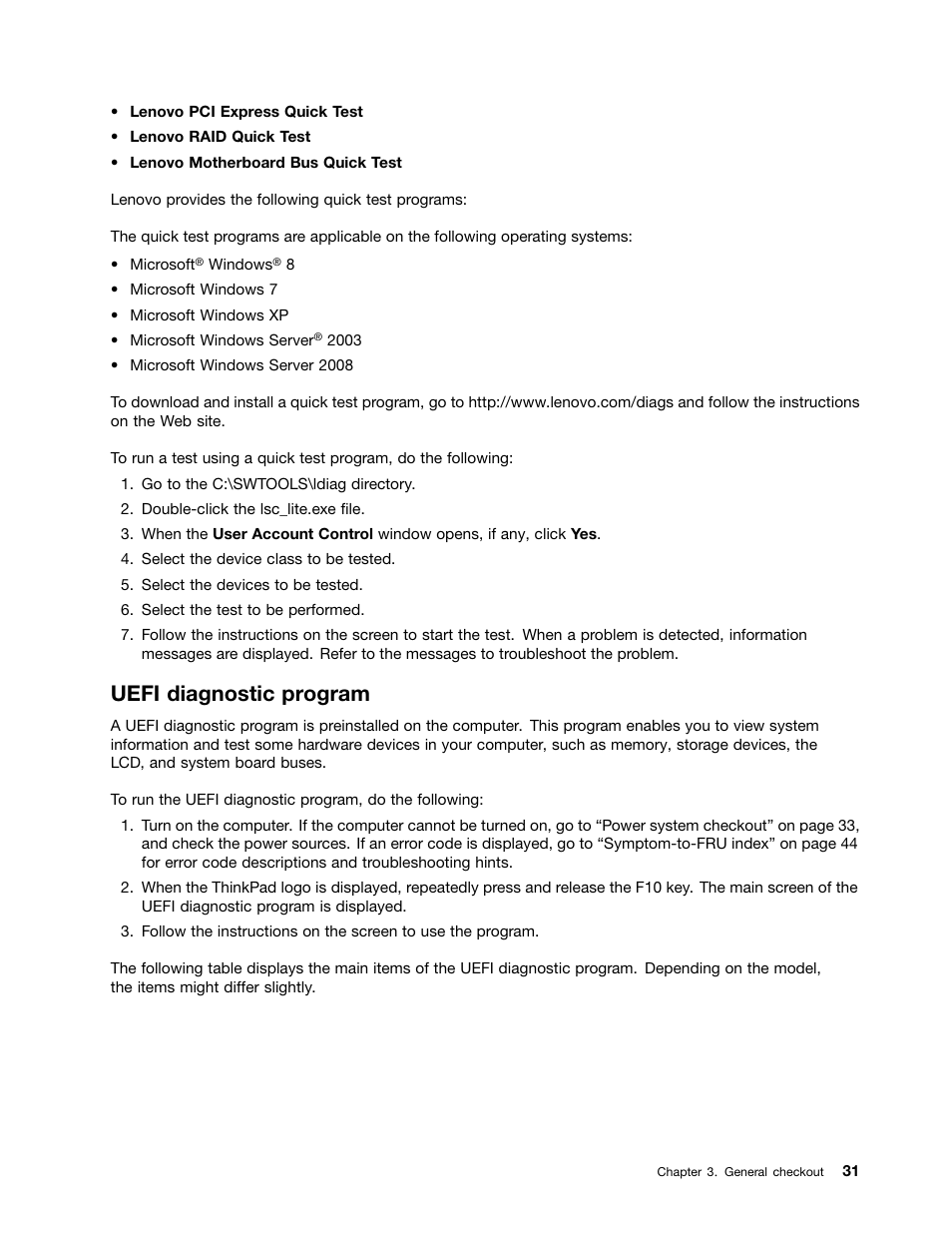 Uefi diagnostic program | Lenovo ThinkPad E555 User Manual | Page 37 / 108