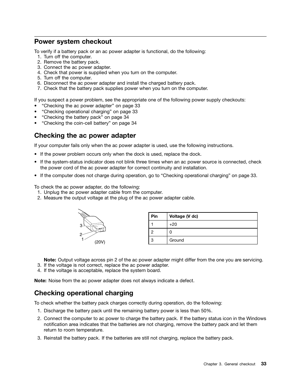 Power system checkout, Checking the ac power adapter, Checking operational charging | Lenovo ThinkPad E555 User Manual | Page 39 / 108